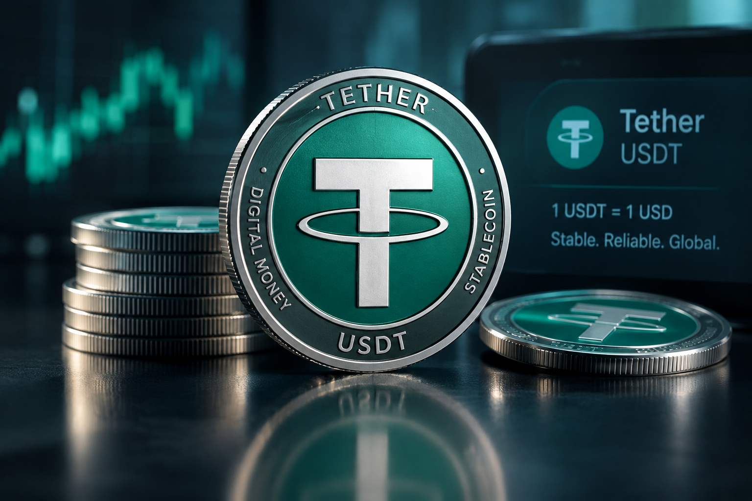 Close-up 3D render of a stablecoin token